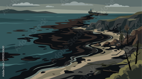 A ship is leaking oil into the ocean, creating a large slick that pollutes the coastline and beach with dark, viscous stains under a cloudy sky.