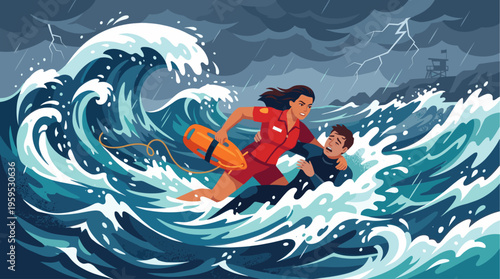 A determined lifeguard in red uniform pulls a distressed man from rough ocean waves during a fierce storm with lightning and rain visible.