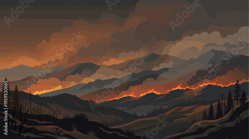 A stylized, dramatic landscape depicts a mountain range engulfed in flames under a smoky sky, evoking a sense of environmental disaster and urgency.
