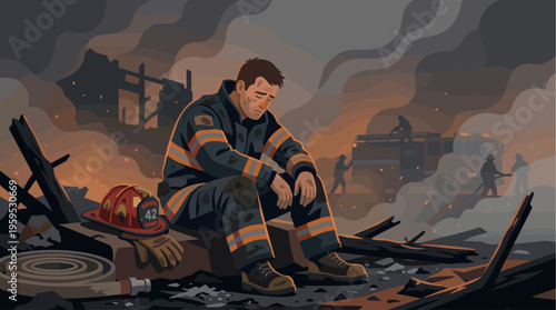 A firefighter in uniform sits dejectedly amidst the smoky ruins and charred debris of a fire, with other firefighters and a truck visible in the background.