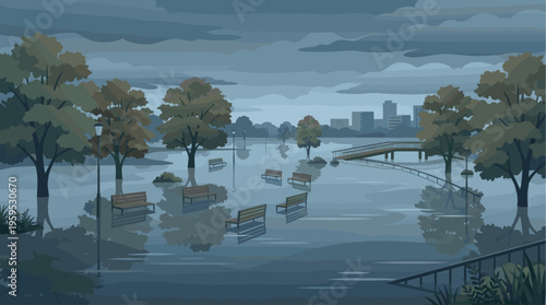 A serene yet somber illustration depicts a park submerged in floodwaters under a cloudy, overcast sky.