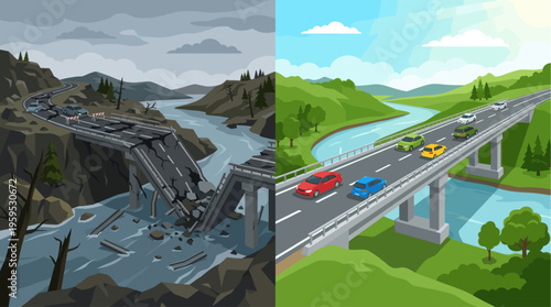 A split image visually contrasts a collapsed bridge under a gloomy sky with a restored, functional bridge under a bright blue sky, representing progress and disaster recovery.