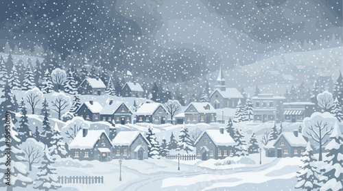 A picturesque winter village is blanketed in snow, with cozy houses and fir trees under a gentle snowfall. The warm light emanating from the windows creates a welcoming, serene atmosphere.