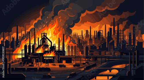A dramatic stylized illustration depicts a large industrial factory complex engulfed in flames and thick smoke, with fire trucks on the scene, conveying a sense of crisis and environmental concern.