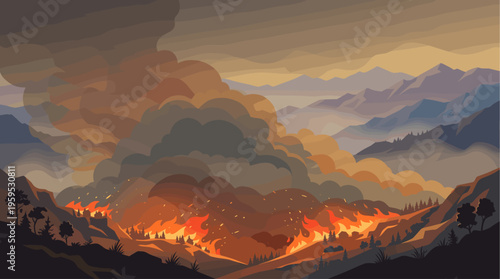 A stylized illustration depicts a large wildfire engulfing a mountainous landscape, with thick smoke plumes obscuring the sky and flames consuming the trees.