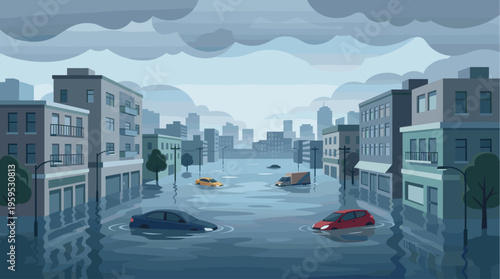 A modern city street is severely flooded, with cars and a truck partially submerged in murky water under a stormy, overcast sky.
