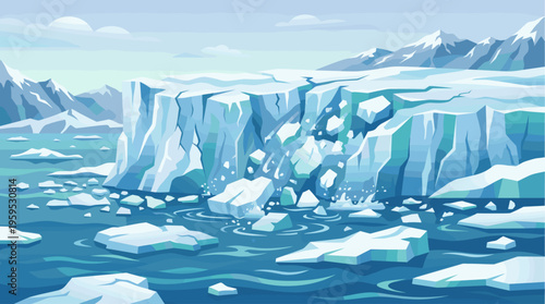 A stylized, vibrant illustration of an arctic landscape featuring a massive iceberg with chunks breaking off into the cool blue water, with snow-capped mountains in the background under a pale sky.
