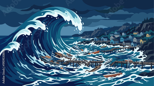 A colossal ocean wave crashes into a small coastal village, destroying docks and capsizing numerous boats, illustrating nature's destructive power.