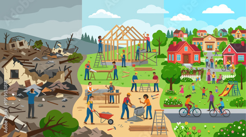 This triptych image contrasts a scene of destruction with community rebuilding efforts and a thriving neighborhood, showing the journey from devastation to hope.