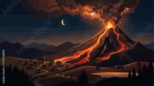 An active volcano erupts with glowing lava flowing down its slopes, illuminating a small village nestled in the valley under a starry night sky.