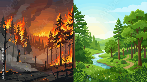 Split image visually contrasts a devastating forest fire on the left with a vibrant, healthy green landscape and river on the right.