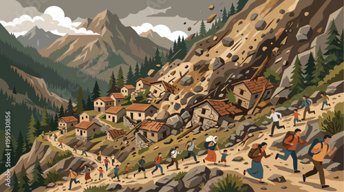 A group of diverse people run down a rocky path while a landslide cascades behind them, destroying houses in a rural mountain village setting.