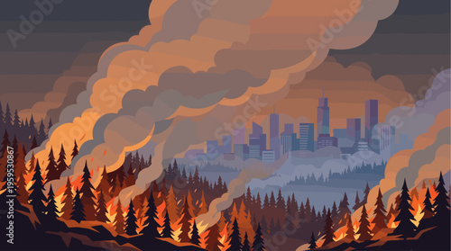 A raging forest fire with orange flames and smoke billows towards a city skyline under a dark, smoky sky, illustrating environmental disaster.