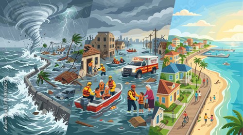 A three-part illustration shows a community progressing from extreme weather disaster to recovery, rescue efforts, and finally a vibrant, peaceful seaside town.
