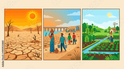 A visual narrative showing the progression from severe drought and barren land to water collection efforts and finally to a thriving, irrigated farm.
