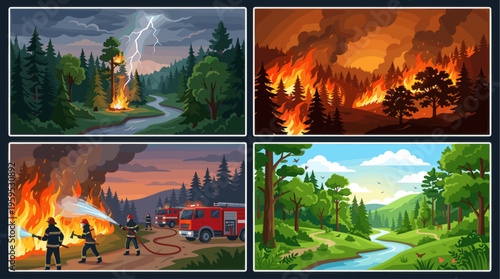 Set of cartoon illustrations depicting a forest fire emergency, showing lightning strike, raging inferno, firefighters in action and a peaceful forest landscape.