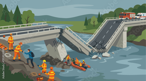 Rescuers in a boat and on shore aid a civilian after a bridge collapse, with emergency vehicles present. This scene depicts disaster response and aid.
