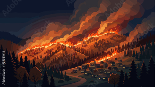 A dramatic illustration shows a raging wildfire consuming a forest on a hillside overlooking a small village with illuminated windows, depicting danger and disaster.