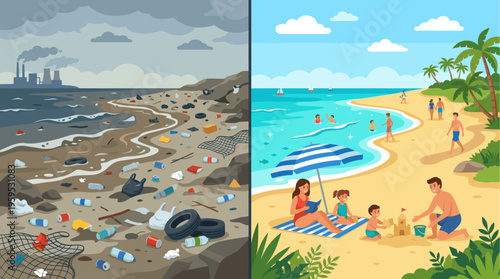 A split image contrasts a polluted, garbage-strewn beach with a clean, tropical beach scene where families enjoy vacation activities.