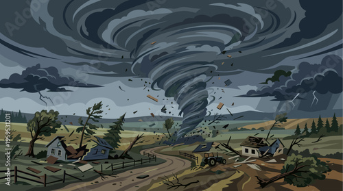 A massive tornado wreaks havoc on a rural landscape, destroying houses and trees, with debris flying through the dark, stormy sky.