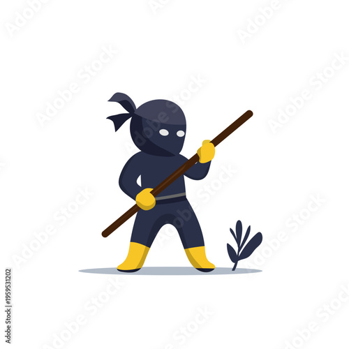 Cute cartoon ninja character holding a wooden staff flat vector illustration isolated on white