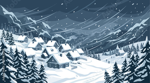 A stylized winter village nestled in snowy mountains with evergreen trees, featuring houses with smoking chimneys and a church under a sky with falling snow.