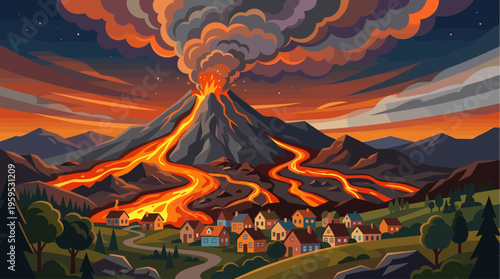 A dramatic illustration shows a fiery volcano erupting with lava flowing towards a small village under a starry, smoky sky.