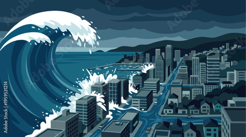 A massive, powerful tsunami wave surges towards a modern city, inundating buildings and streets in a dramatic display of nature's force.