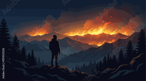 A solitary figure stands silhouetted on a ridge, gazing at a dramatic and intense wildfire burning across a mountain range at dusk.
