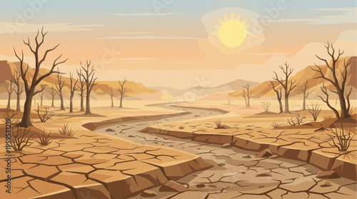 An arid desert landscape with cracked earth, barren trees, and a winding dry riverbed under a hazy sun, evoking a sense of drought and desolation.