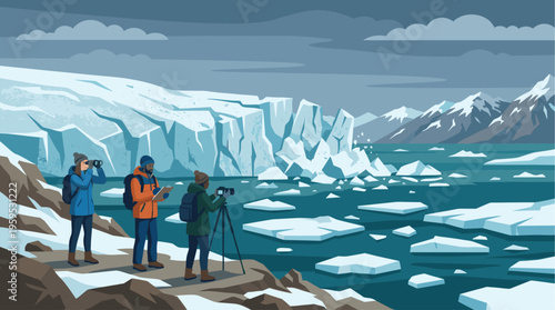 A diverse group of explorers are meticulously documenting a vast arctic glacier and icy ocean, capturing its beauty and fragility.