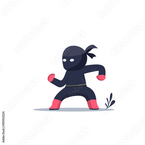 Cute Cartoon Ninja Character in Fighting Pose Flat Vector Illustration Isolated on White