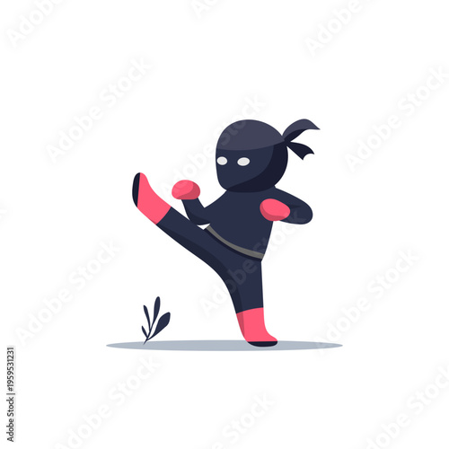 Cute Cartoon Ninja Character Performing High Kick, Flat Vector Illustration Isolated on White