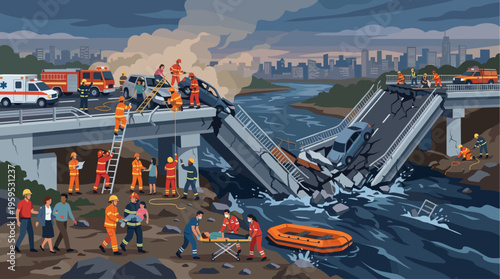 Emergency responders in a devastated urban landscape work to rescue people from a collapsed bridge over a river, showcasing a dramatic scene of disaster relief.