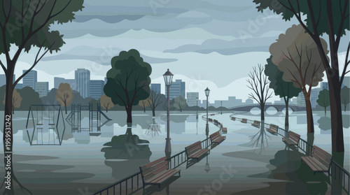 An atmospheric illustration depicts a park transformed by floodwaters, with benches and swings submerged under a hazy, overcast sky above a distant cityscape.