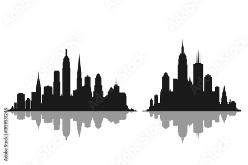 Modern city skyline silhouette with reflection urban landscape panorama set black skyscraper buildings isolated on white vector illustration