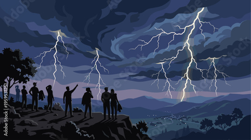Silhouetted figures stand on a cliff overlooking a valley as lightning illuminates the stormy sky above a distant village.
