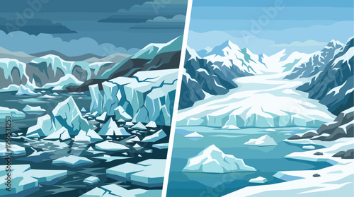 This split image shows a harsh, icy Arctic landscape with dramatic glaciers and floating icebergs on one side, contrasting with a bright, scenic frozen mountain range and calm water on the other.