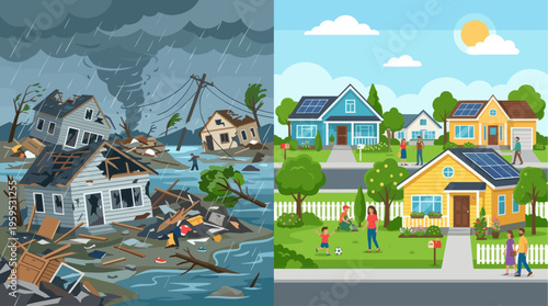 Split image contrasting a neighborhood devastated by a natural disaster with a pristine suburban street featuring happy families and solar powered homes.