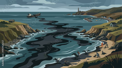 An oil tanker spills black sludge into the ocean, polluting a scenic coastline where people in protective gear rescue oiled birds and pelicans near a lighthouse and harbor.