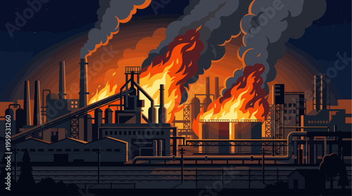 A dramatic scene of a factory complex engulfed in flames and smoke against a dark night sky, illustrating industrial disaster and environmental impact.