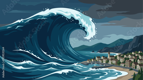 A colossal, dark blue wave barrels towards a quaint, European-style coastal village under a stormy, gray sky, evoking a sense of impending danger and natural disaster.