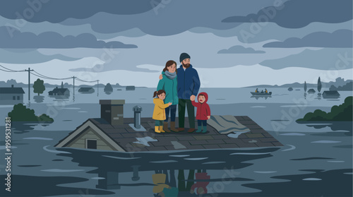 A distressed family huddles together on a submerged rooftop, seeking refuge from a devastating flood that has inundated their town, evoking themes of disaster and survival.
