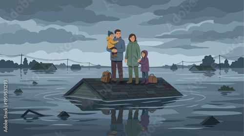 A family of four stands on a submerged roof amidst a widespread flood, with houses and power lines visible in the distance.