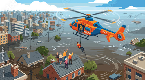An orange and blue rescue helicopter lowers a rescuer via hoist to aid people stranded on a rooftop during a devastating urban flood.