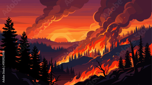 A dramatic landscape illustration depicts a raging wildfire sweeping through a dark forest at sunset, with vibrant orange flames and thick smoke filling the sky.