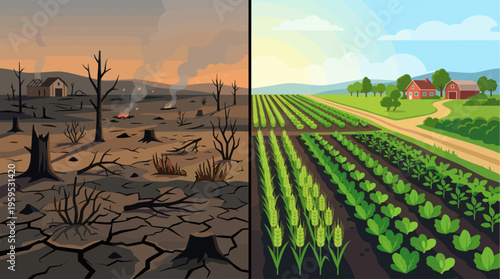 A split image shows a desolate, burned landscape with cracked earth and smoke juxtaposed against a vibrant, fertile farm with rows of crops and a sunny sky.