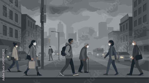 Diverse group of people in masks walk along a hazy city street, suggesting pollution, illness, or social distancing during a pandemic.