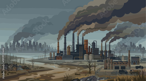 A desolate industrial landscape with a sprawling factory complex emitting thick smoke against a hazy cityscape and polluted terrain.