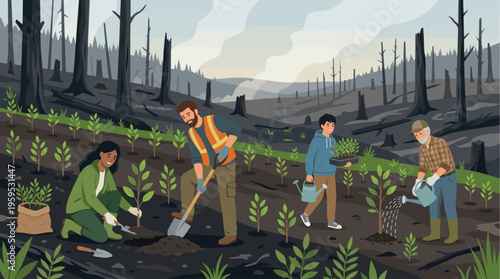 A diverse group of people are actively engaged in reforestation efforts, planting saplings in a barren landscape scarred by a recent wildfire.